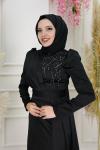 Nergis Taş Detay Asetat Saten Kalem Abiye siyah Siyah