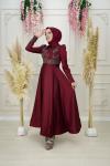 Defne Lüx Taş Detay Midi Boy Asetat Saten Kloş Abiye Bordo Bordo