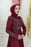 Defne Lüx Taş Detay Midi Boy Asetat Saten Kloş Abiye Bordo Bordo