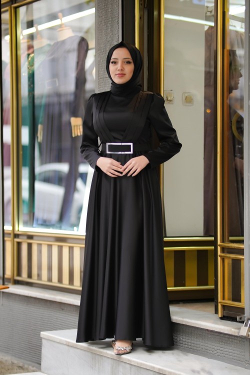 Orkide Göğüs Drape Kuşak Aynalı Kemer Asetat Kumaş Kloş Abiye Siyah Siyah