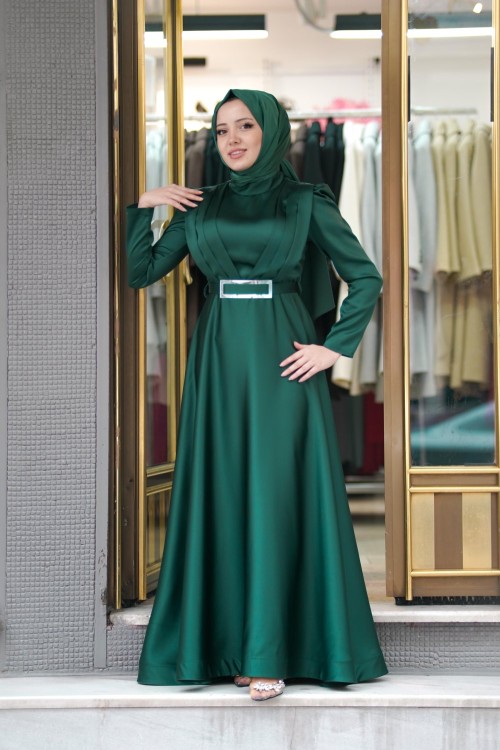 Orkide Göğüs Drape Kuşak Aynalı Kemer Asetat Kumaş Kloş Abiye Zümrüt Zümrüt
