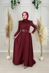 Orkide Göğüs Drape Kuşak Aynalı Kemer Asetat Kumaş Kloş Abiye Bordo Bordo