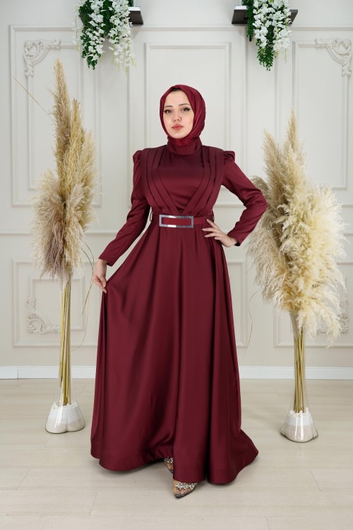 Orkide Göğüs Drape Kuşak Aynalı Kemer Asetat Kumaş Kloş Abiye Bordo Bordo