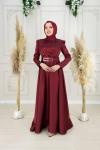 Orkide Göğüs Drape Kuşak Aynalı Kemer Asetat Kumaş Kloş Abiye Bordo Bordo