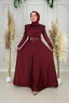 Orkide Göğüs Drape Kuşak Aynalı Kemer Asetat Kumaş Kloş Abiye Bordo Bordo