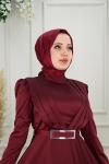Orkide Göğüs Drape Kuşak Aynalı Kemer Asetat Kumaş Kloş Abiye Bordo Bordo