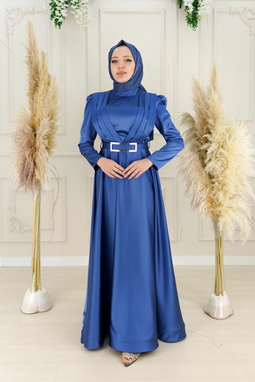 Orkide Göğüs Drape Kuşak Aynalı Kemer Asetat Kumaş Kloş Abiye İndigo İndigo