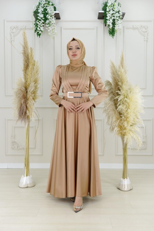 Orkide Göğüs Drape Kuşak Aynalı Kemer Asetat Kumaş Kloş Abiye Gold Gold