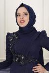 Lizza Göbek Güpür Detay Simli Dalya Kloş Abiye Lacivert Lacivert