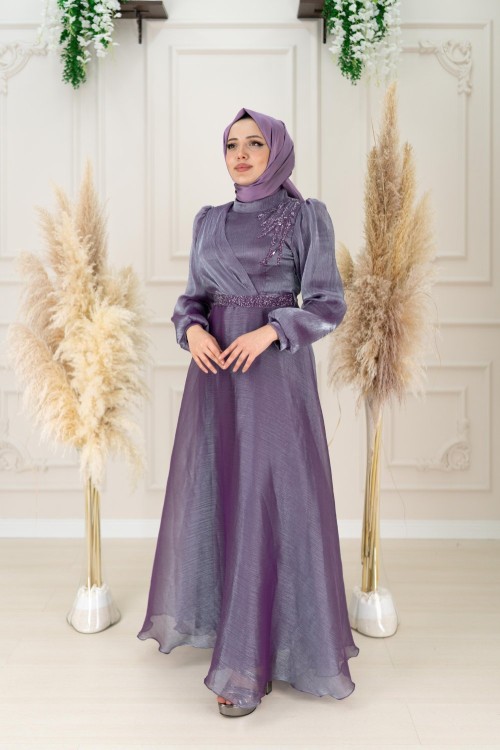 Seher Kemer Omuz Taşlı Işıltı Kumaş Kloş Abiye Lavanta Lavanta