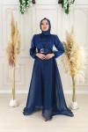 Nara Aynalı Kemer Sade Işıltı Kumaş Kloş Abiye Lacivert Lacivert