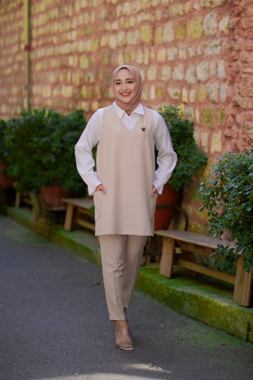 Linda Üçlü Süveter Takım Krem Krem