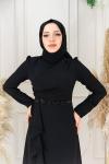 Duru Bel Boncuk Detay Fırfır Krep Balık Abiye Siyah Siyah