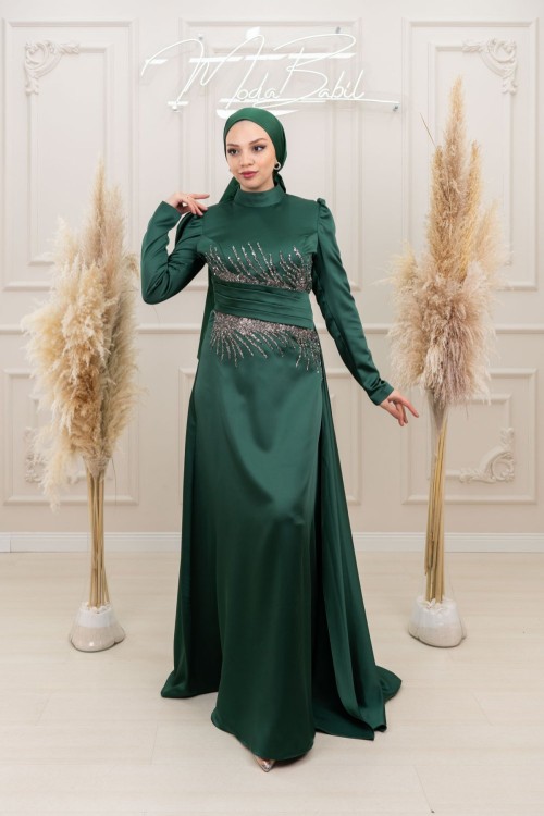 Selvi Bel Taş Detay Bel Drape Saten Tesettür Çan Abiye Zümrüt Zümrüt