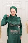 Selvi Bel Taş Detay Bel Drape Saten Tesettür Çan Abiye Zümrüt Zümrüt