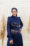 Selvi Bel Taş Detay Bel Drape Saten Tesettür Çan Abiye Lacivert Lacivert