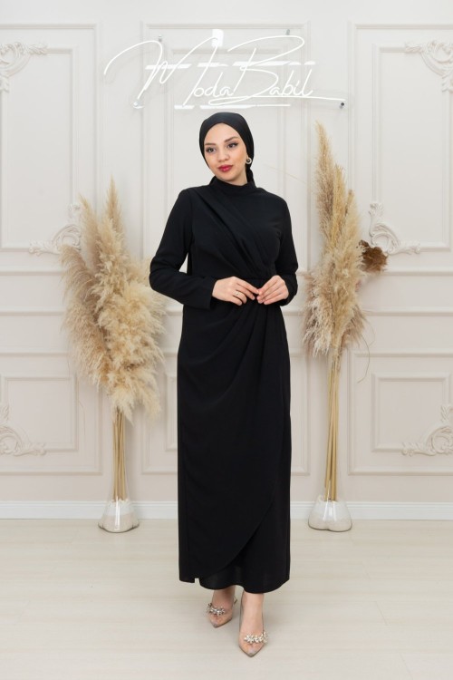 Lola  Belden Drape Detay Krep Tesettür Kalem Abiye Siyah Siyah