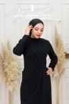Lola  Belden Drape Detay Krep Tesettür Kalem Abiye Siyah Siyah