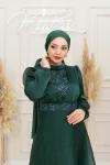 Miray Bel V Yaka İçi Taş Detay Işıltı Kloş Abiye Zümrüt Zümrüt