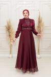Miray Bel V Yaka İçi Taş Detay Işıltı Kloş Abiye Bordo Bordo