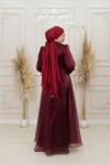 Miray Bel V Yaka İçi Taş Detay Işıltı Kloş Abiye Bordo Bordo