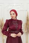 Miray Bel V Yaka İçi Taş Detay Işıltı Kloş Abiye Bordo Bordo