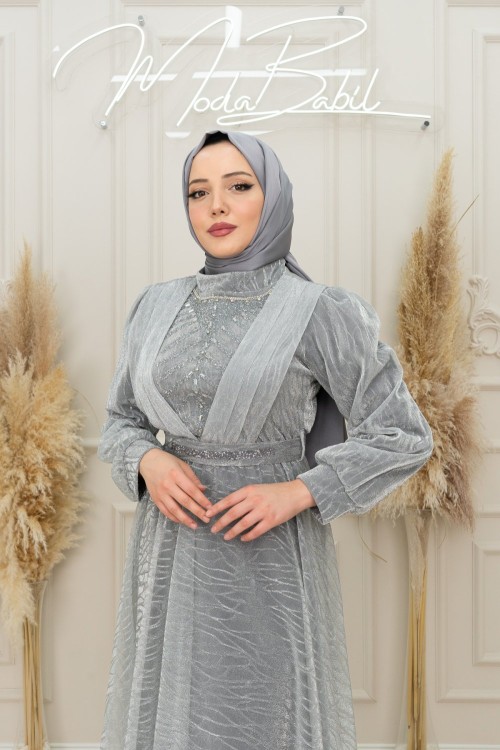 Naomi Kemer V Yaka İçi Taş Detay Tül Kloş Tesettür Abiye Gri Gri