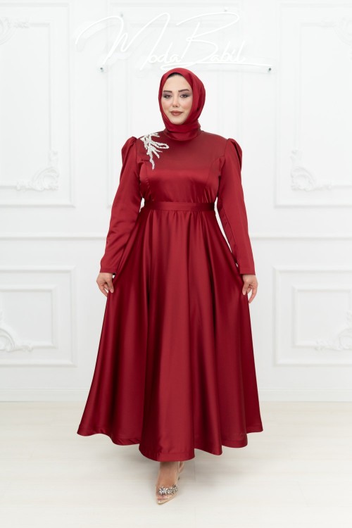 Asella Omuz Taş Detay Asetat Saten Kloş Abiye Bordo Bordo