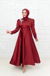 Asella Omuz Taş Detay Asetat Saten Kloş Abiye Bordo Bordo