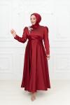 Asella Omuz Taş Detay Asetat Saten Kloş Abiye Bordo Bordo