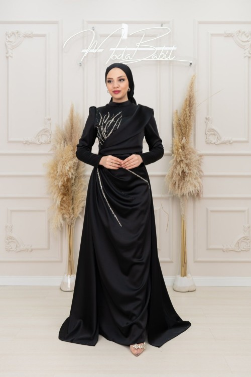 fatıma Taş ve Yaka Detay Bel Drape ve Arka Parça Asetat Saten Kalem Tesettür Abiye Siyah Siyah