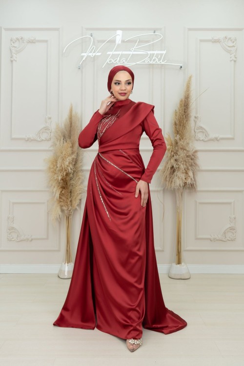 fatıma Taş ve Yaka Detay Bel Drape ve Arka Parça Asetat Saten Kalem Tesettür Abiye Bordo Bordo