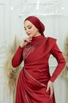 fatıma Taş ve Yaka Detay Bel Drape ve Arka Parça Asetat Saten Kalem Tesettür Abiye Bordo Bordo