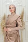 fatıma taş ve Yaka Detay Bel Drape ve Arka Parça Asetat Saten Kalem Tesettür Abiye Gold Gold
