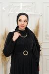 Nehir Kolye ve Toka Detay Esnek Tül Tesettür Kloş Abiye Siyah Siyah