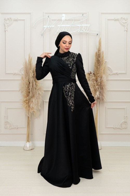 Ella Taş Detay Göğüs Drape Tafta Saten Tesettür Kloş Abiye Siyah Siyah