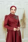 Ella Taş Detay Göğüs Drape Tafta Saten Tesettür Kloş Abiye Bordo Bordo