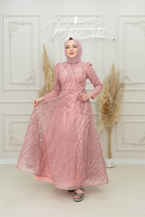 Işıltı Pul Kabartma Simli Kloş Abiye Pembe Pembe