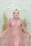 Işıltı Pul Kabartma Simli Kloş Abiye Pembe Pembe