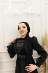 Miray Bel V Yaka İçi Taş Detay Işıltı Kloş Abiye Siyah Siyah