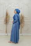 Aller  Aynalı Kemer Detay Sade Zara Saten Kloş Tesettür Abiye İndigo İndigo