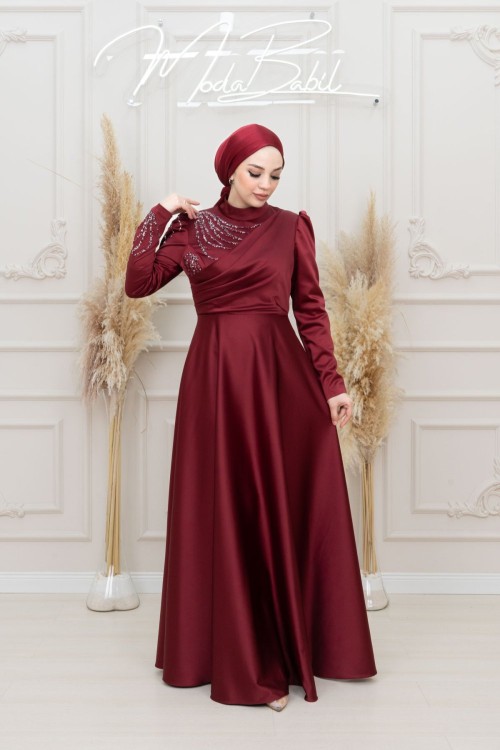 Dora Göğüs Drape Taş Detay  Asetat Saten Kloş Abiye Bordo Bordo