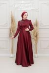 Dora Göğüs Drape Taş Detay  Asetat Saten Kloş Abiye Bordo Bordo