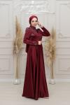 Dora Göğüs Drape Taş Detay  Asetat Saten Kloş Abiye Bordo Bordo