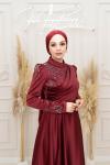 Dora Göğüs Drape Taş Detay  Asetat Saten Kloş Abiye Bordo Bordo