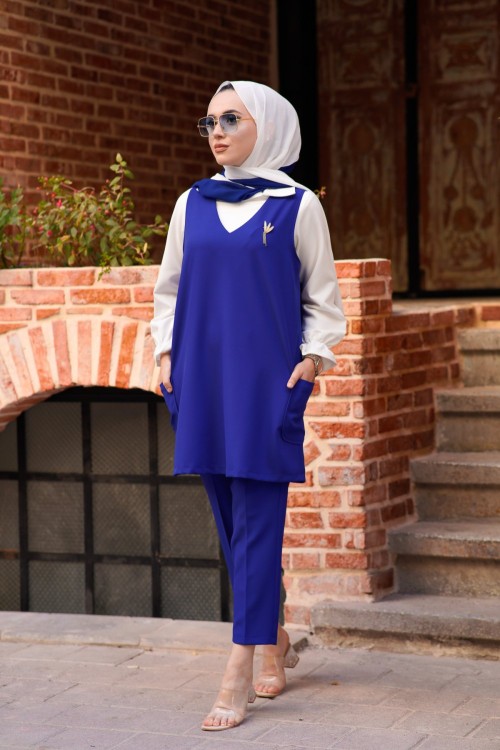 Linda Üçlü Süveter Takım Saks Mavi Saks Mavisi