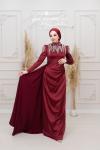 Sofya Taş Detay Belden Parça Saten Tesettür Kalem Abiye Bordo Bordo