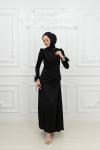 Lont Düğme Detay Bilek Tüy Janet Saten Kalem Tesettür Abiye Siyah Siyah