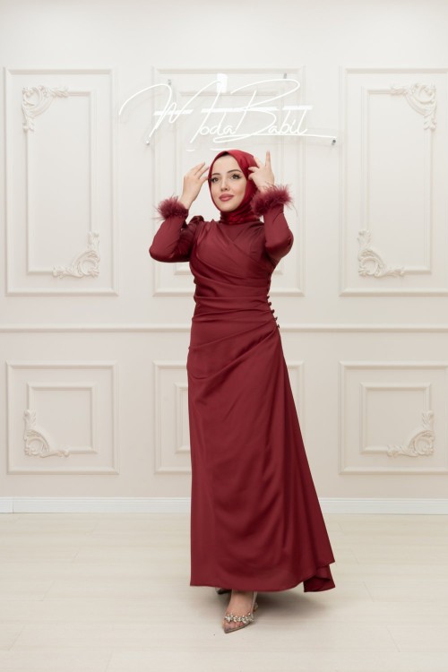 Lont Düğme Detay Bilek Tüy Janet Saten Kalem Tesettür Abiye Bordo Bordo