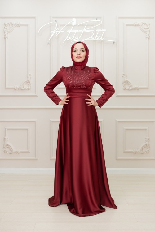 Leona Göğüs Taş Detay Göbek Drape Saten Kloş Tesettür Abiye Bordo Bordo